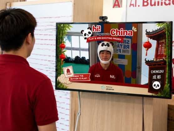 Visitor experiencing Singtel's panda AR head effect powered by qiksense at Singapore Retail Festival.