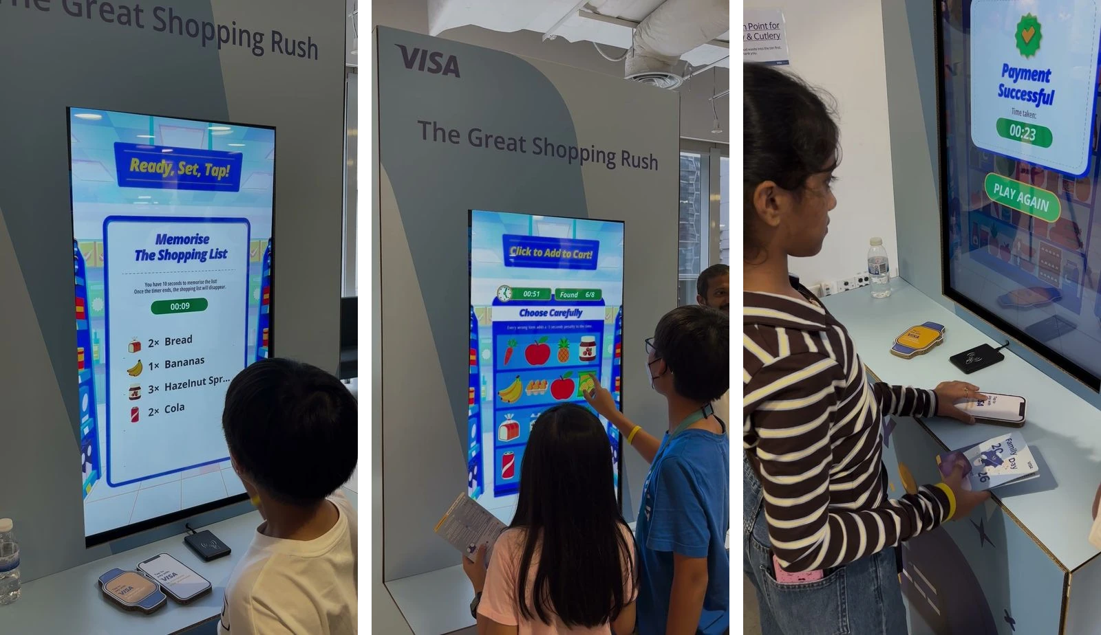 Children playing the Visa Family Day shopping game, with a boy memorising the list, two girls tapping items and a girl paying with the Visa phone prop