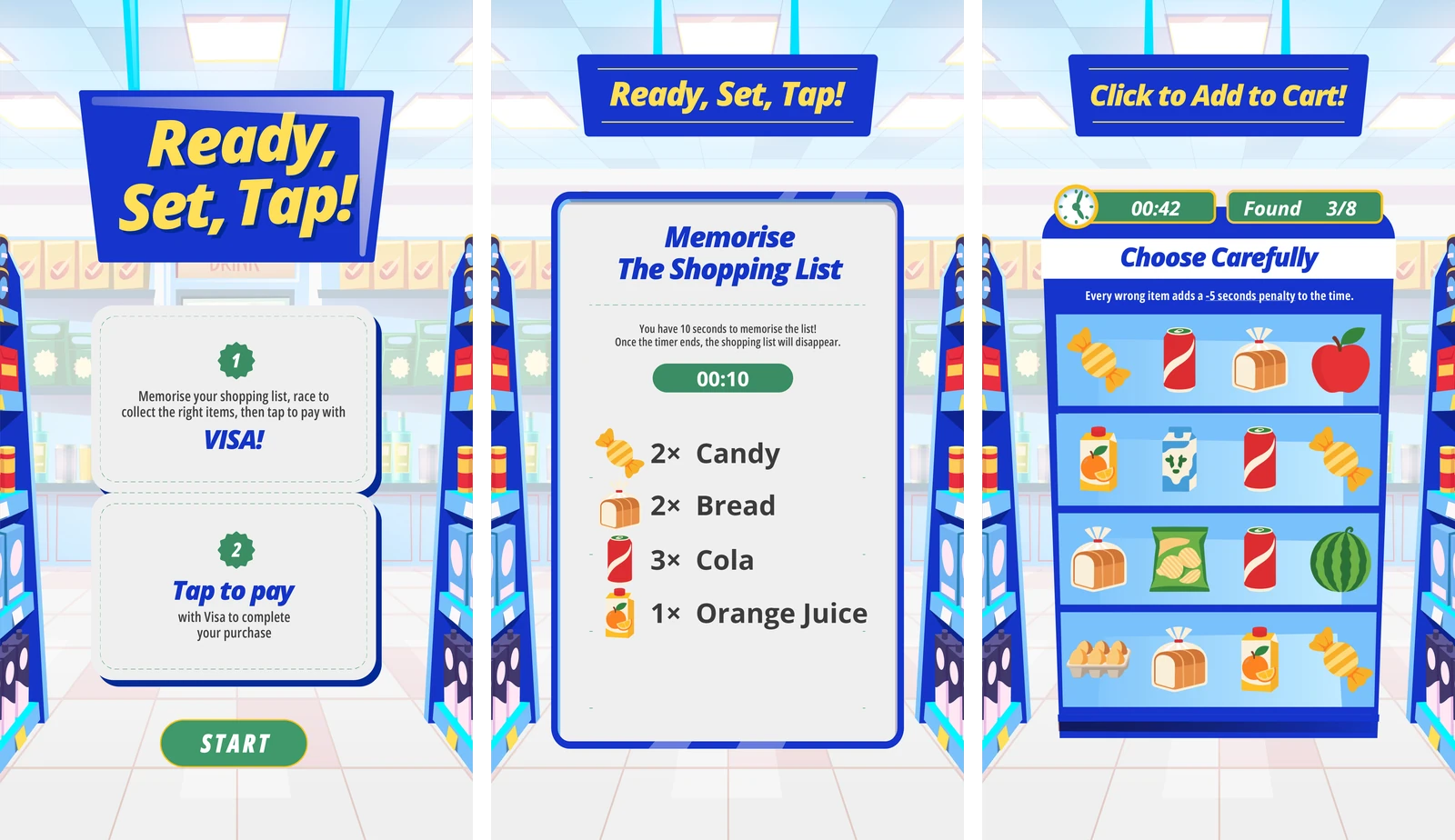 Memory Pick game screens for Visa Family Day, with the start screen, the shopping list to memorise and the supermarket shelf, built on qiksense