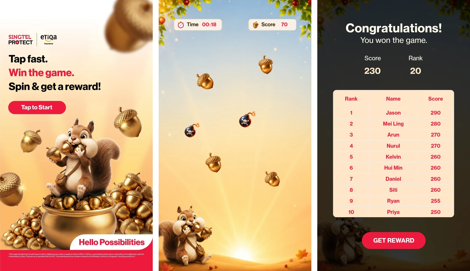 Singtel Protect and Etiqa start screen, Fast Tap game screen with rising golden acorns and the leaderboard, built on qiksense