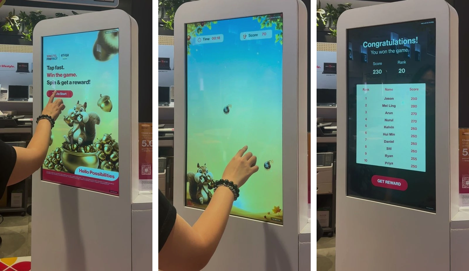 A player tapping to start and tapping the rising golden acorns, then the leaderboard on the Singtel Protect and Etiqa kiosk