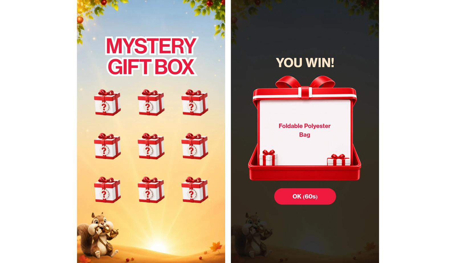 Mystery Gift Box screen with nine boxes, then the YOU WIN screen revealing a Foldable Polyester Bag, in the qiksense game