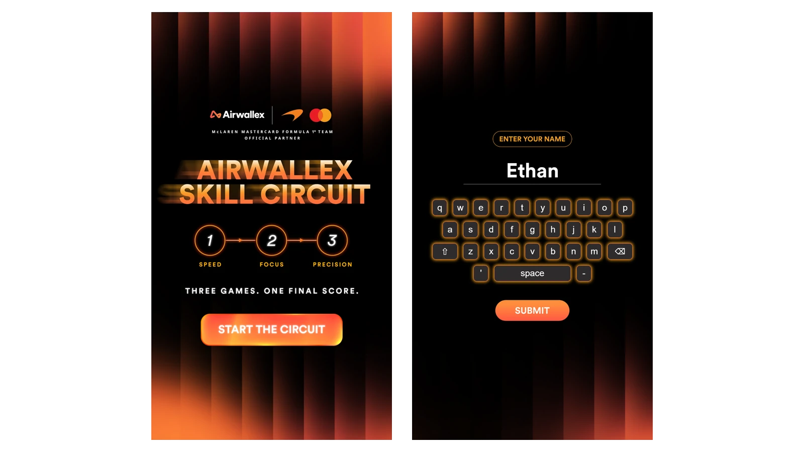 The Airwallex Skill Circuit cover screen and the name entry screen with its on-screen keyboard, built on qiksense