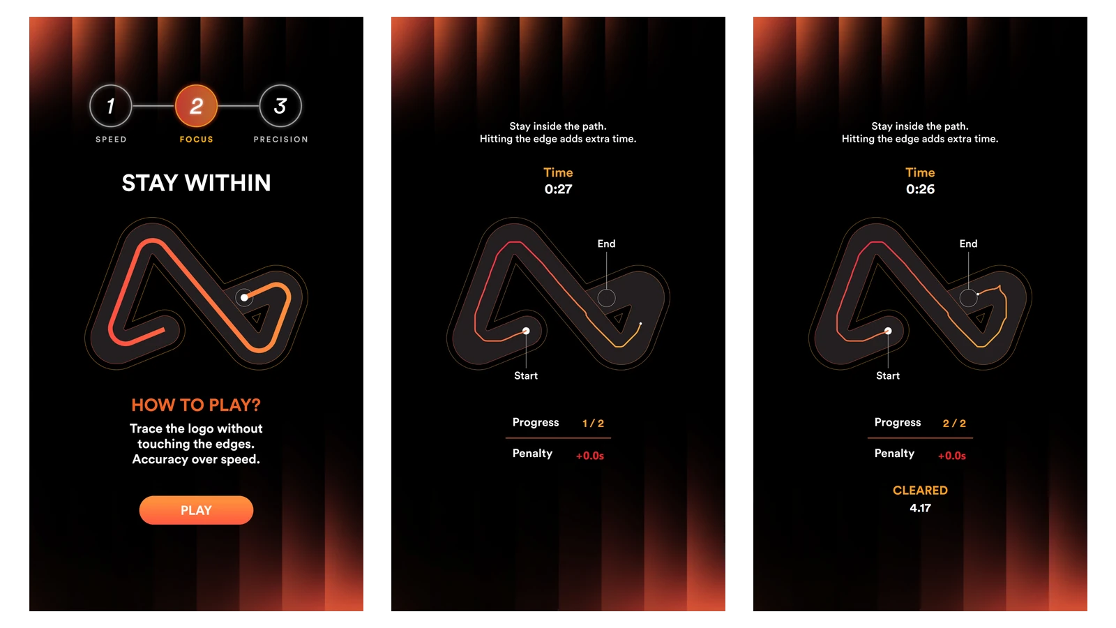 The Stay Within game on qiksense, from the How to Play screen to a player guiding the dot along the Airwallex logo path and the Cleared screen