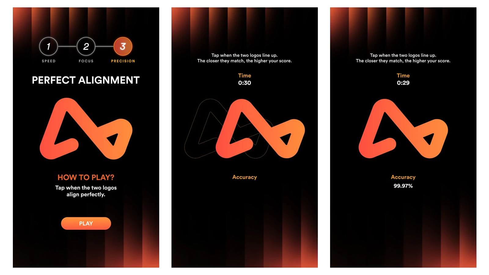The Perfect Alignment game on qiksense, from the How to Play screen to two Airwallex logos gliding towards each other and the accuracy result