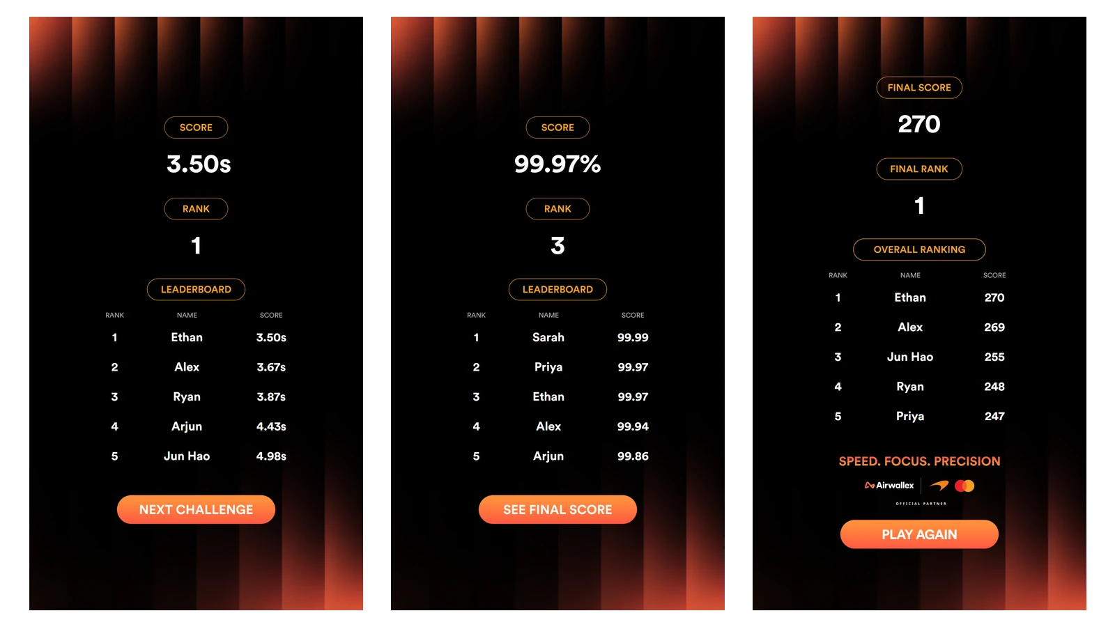 Airwallex Skill Circuit score pages on qiksense, a game score with its rank and leaderboard, and the final score out of 300 with the Overall Ranking