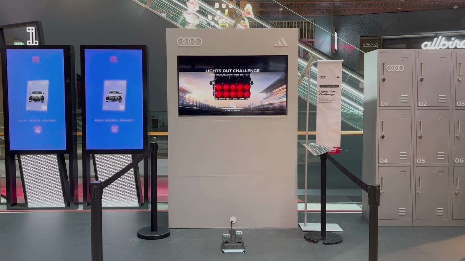 The Lights Out Challenge booth at Off The Grid in Funan, with the game screen and the foot pedal in front of it powered by qiksense