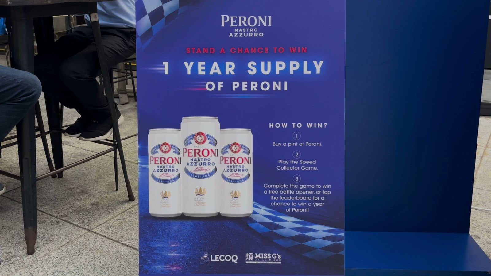 The poster at the Peroni booth explaining how to win, buy a pint, play the Speed Collector game and top the leaderboard