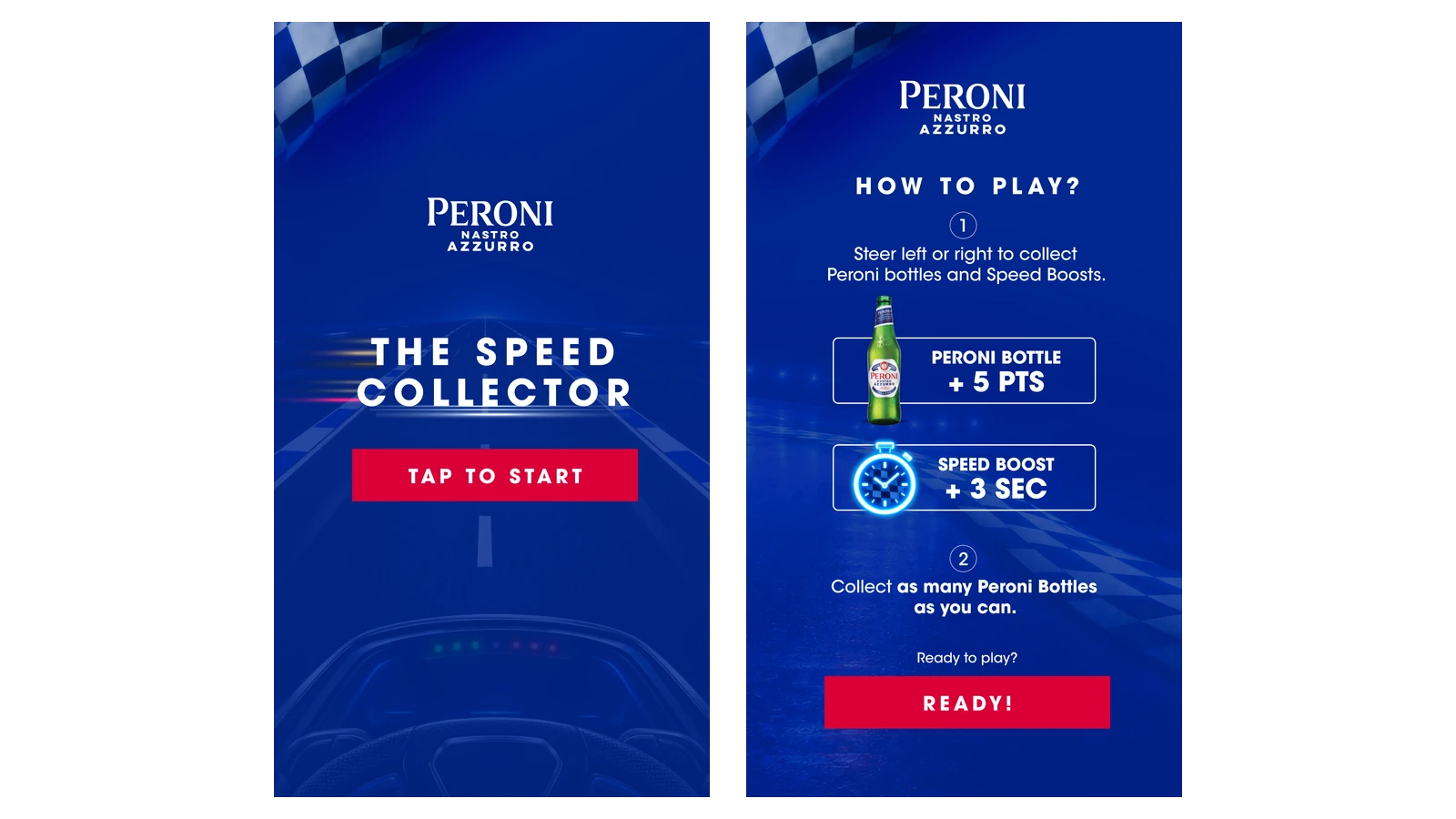 The Speed Collector start screen and How to Play screen built on qiksense, with a Peroni bottle for 5 points and a Speed Boost for 3 seconds
