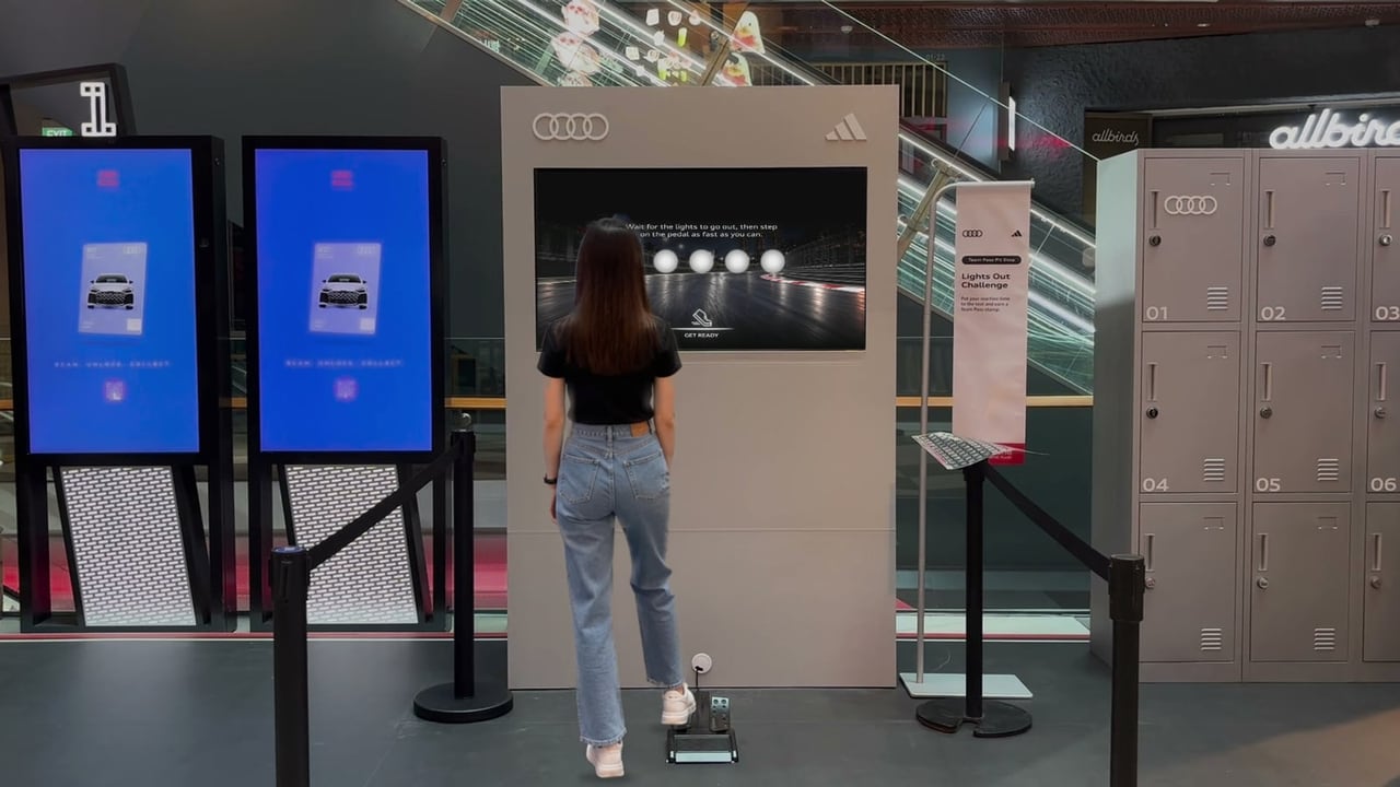Audi and adidas Lights Out Challenge reaction game played with a foot pedal