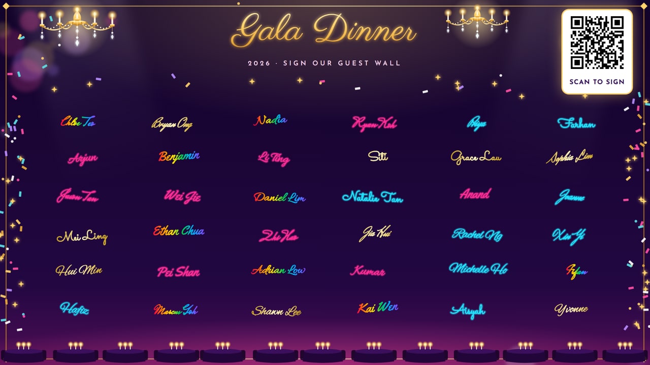 A gala dinner wall filled with signed guest names in gold, pink, cyan and rainbow ink