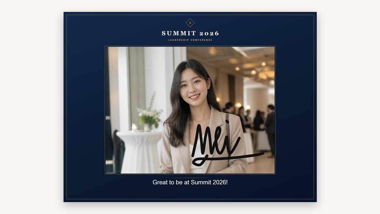 A guest photo signed in gold inside a branded event frame, with a short note