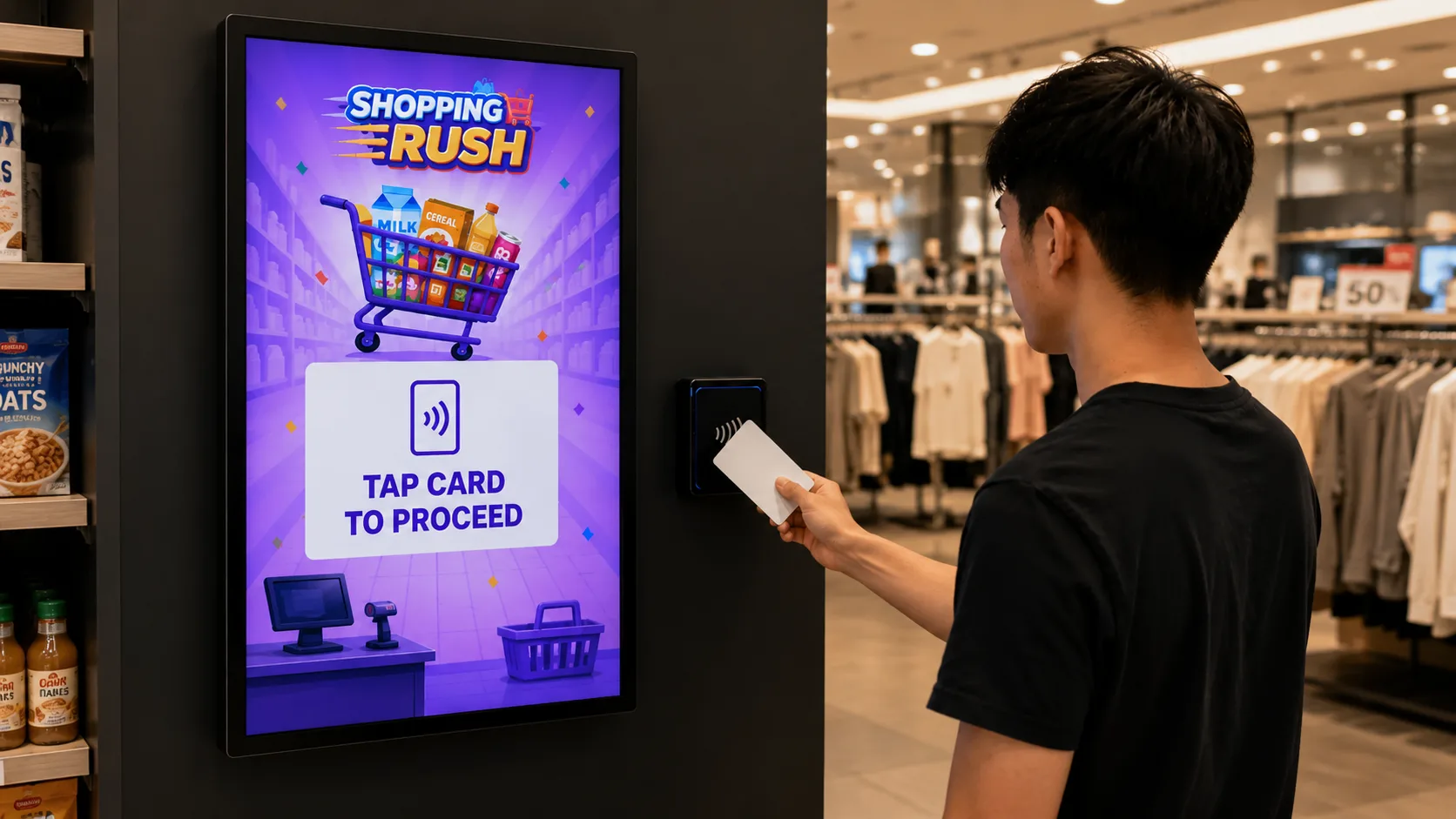 Guest tapping an NFC card at a branded screen